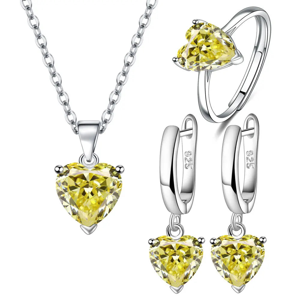 925 Sterling Silver Heart Zircon Jewelry Set for Women Elegant Necklace Earrings Ring Ideal for Weddings and Christmas