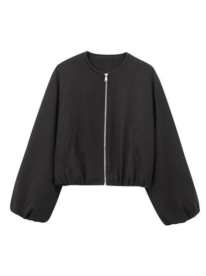 Soft Bomber Jacket For Women Front Zipper Long Sleeve Coat