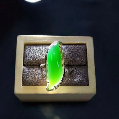 Vintage Willow Leaf Green Hotan Jade Ring with Glossy Silver Inlay for Women Adjustable Fine Jewelry