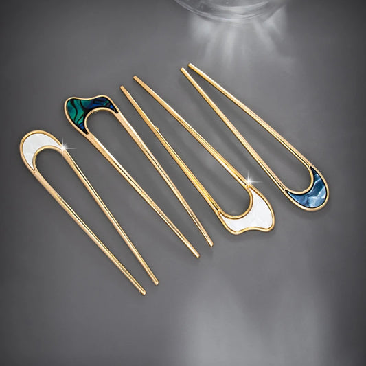 Elegant Silver Gold Enamel Shell Hairpin for Women U Shape Hair Stick Accessories