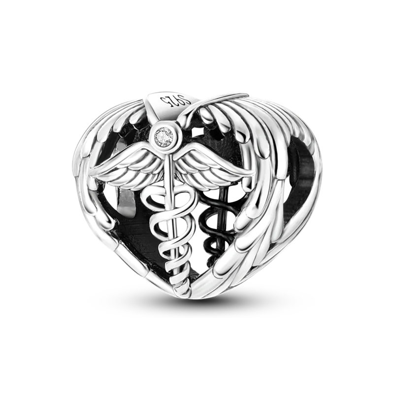 Silver Star Moon Heart Charm Bracelet with CZ Beads and Angel Wing Pendant for Women KTC647