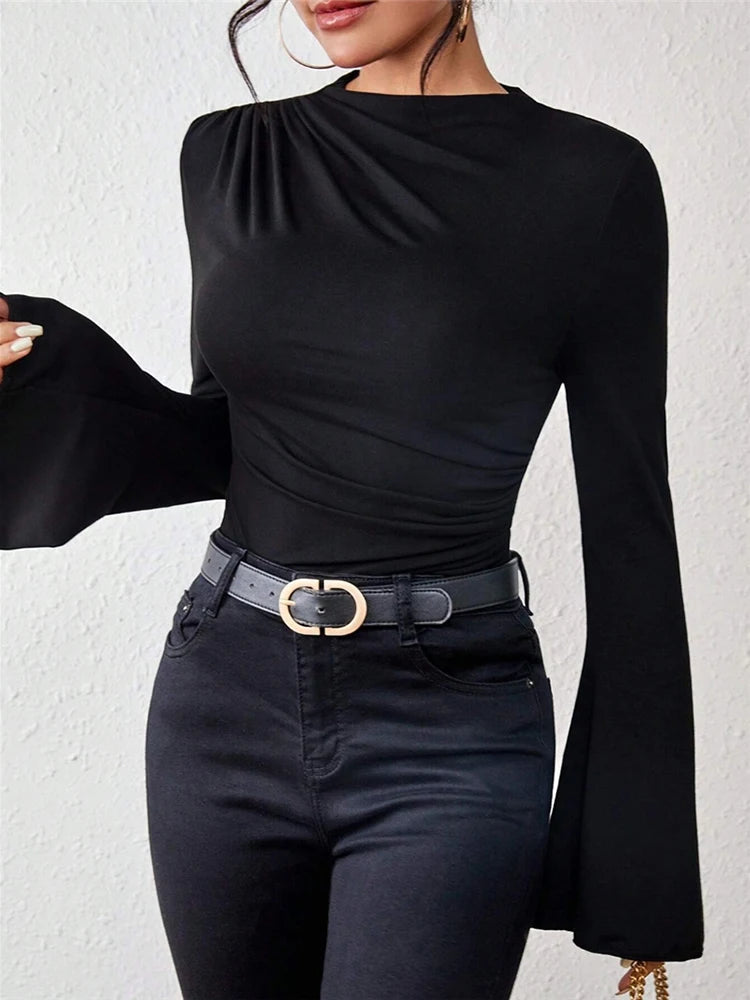 Flare Sleeve Stand Collar Slim Fit Knit Tee Autumn Style
