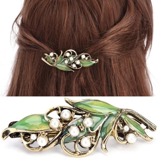 Fashion Women Retro Enamel Leaf Hair Clip with Pearl and Ancient Bronze Alloy Design