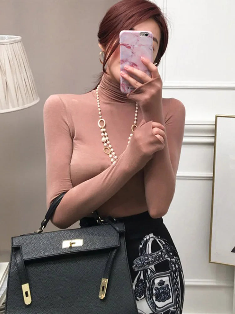 Fall 2024 Women See Through Long Sleeve Turtleneck Top