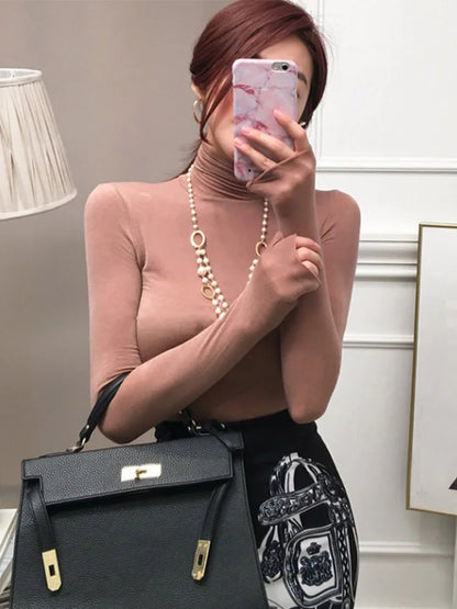 Fall 2024 Women See Through Long Sleeve Turtleneck Top