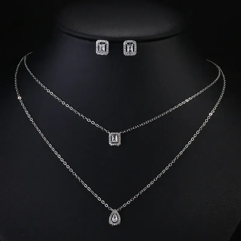 Rakol Women Double Layer Necklace Zircon Jewelry Set