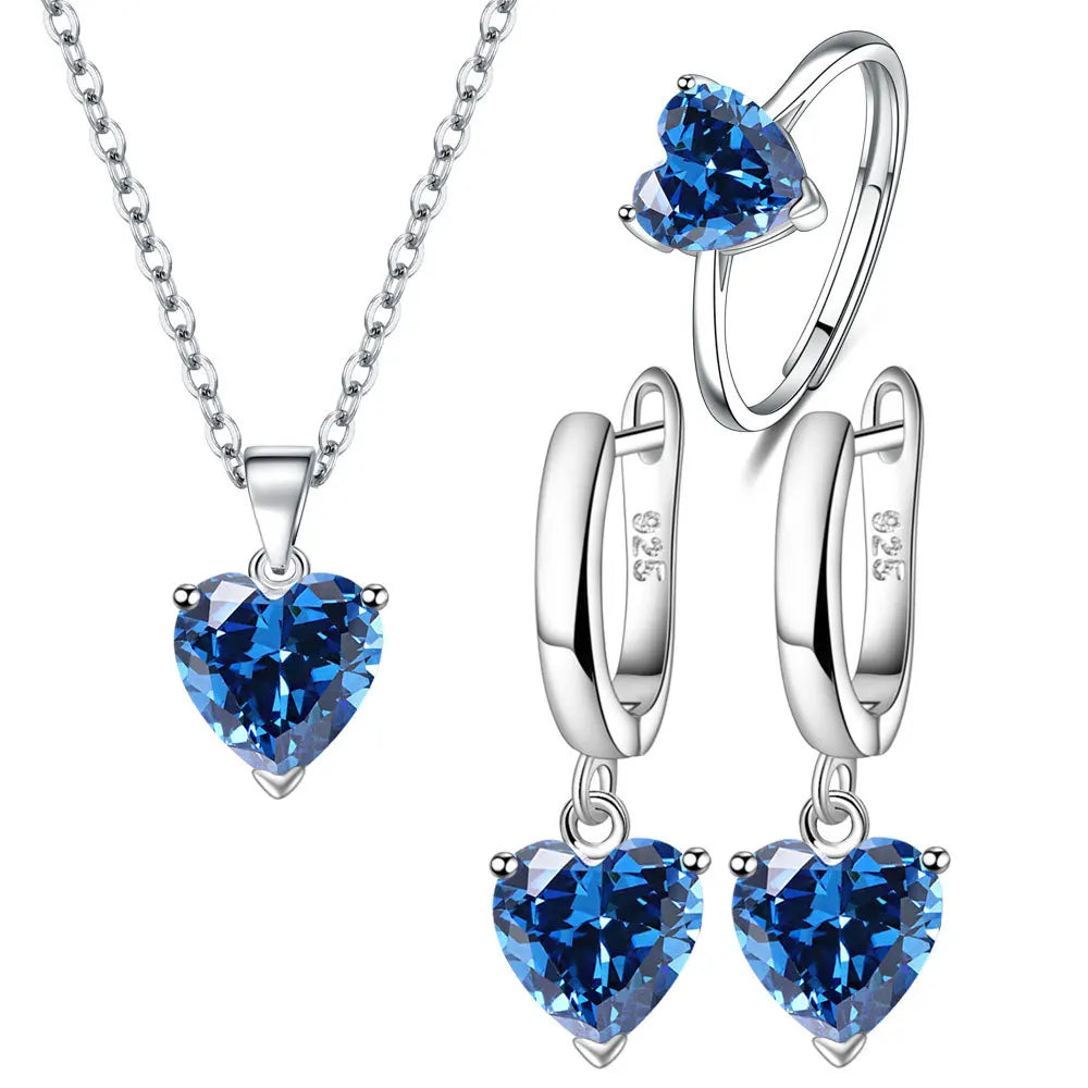 925 Sterling Silver Heart Zircon Jewelry Set for Women Elegant Necklace Earrings Ring Ideal for Weddings and Christmas