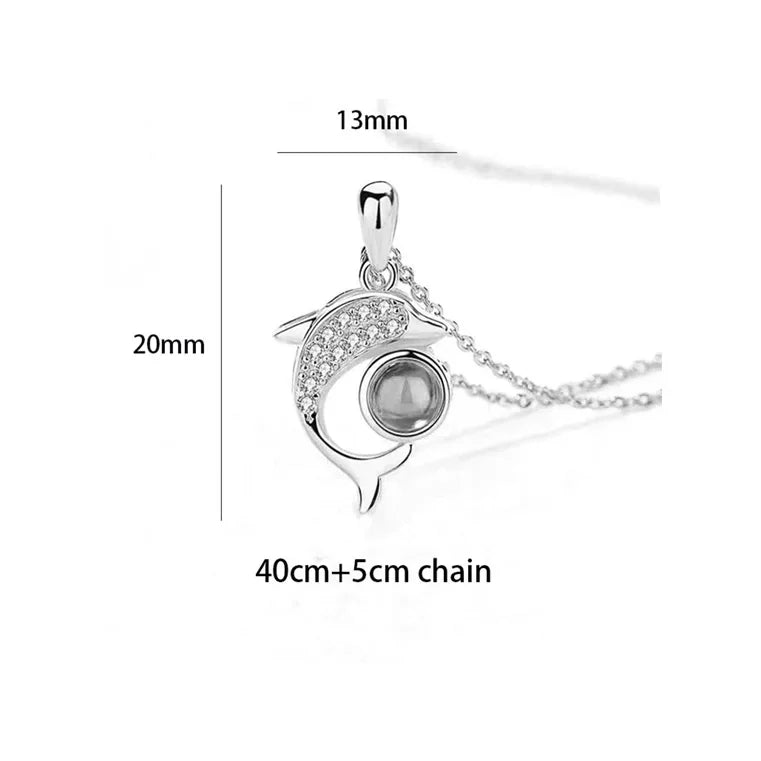 100 Languages I Love You Heart Pendant Necklace Romantic Projection Jewelry Gift for Women Dolphin 40cm plus 5cm