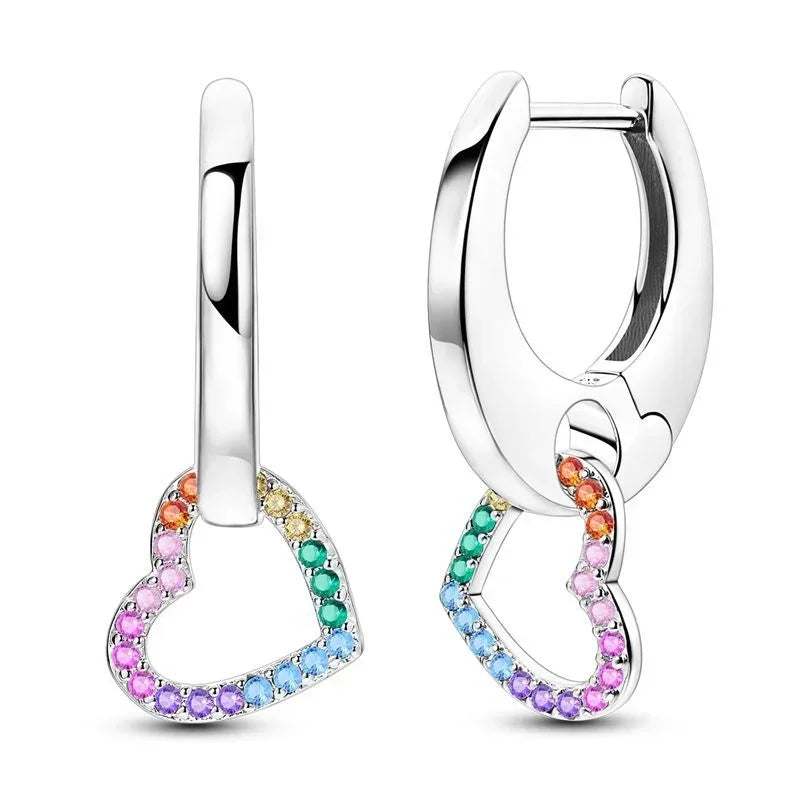Luxury Colorful 925 Sterling Silver Hoop Earrings with Zircon Heart and Apple Pendants Birthday Gift for Women