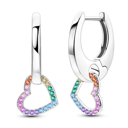 Luxury Colorful 925 Sterling Silver Hoop Earrings with Zircon Heart and Apple Pendants Birthday Gift for Women