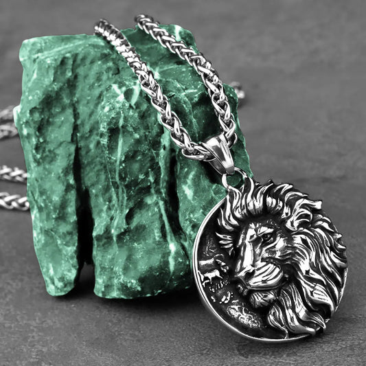 Stainless Steel Viking Lion Pendant Necklace for Men - Vintage Punk Hip Hop Biker Style