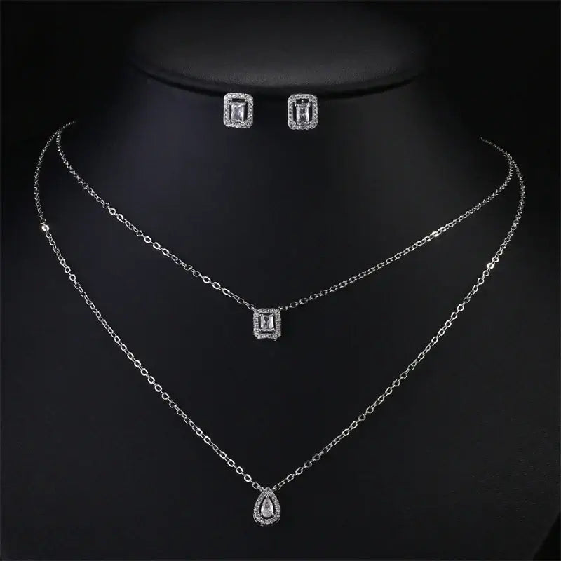 Rakol Women Double Layer Necklace Zircon Jewelry Set White C