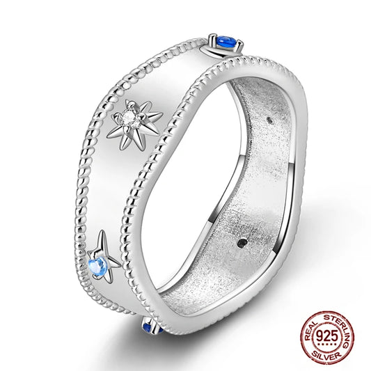 Hot Blue Zircon Rings for Women in 925 Sterling Silver Sparkling Star and Moon Design Elegant Heart Wedding Jewelry LLTR240