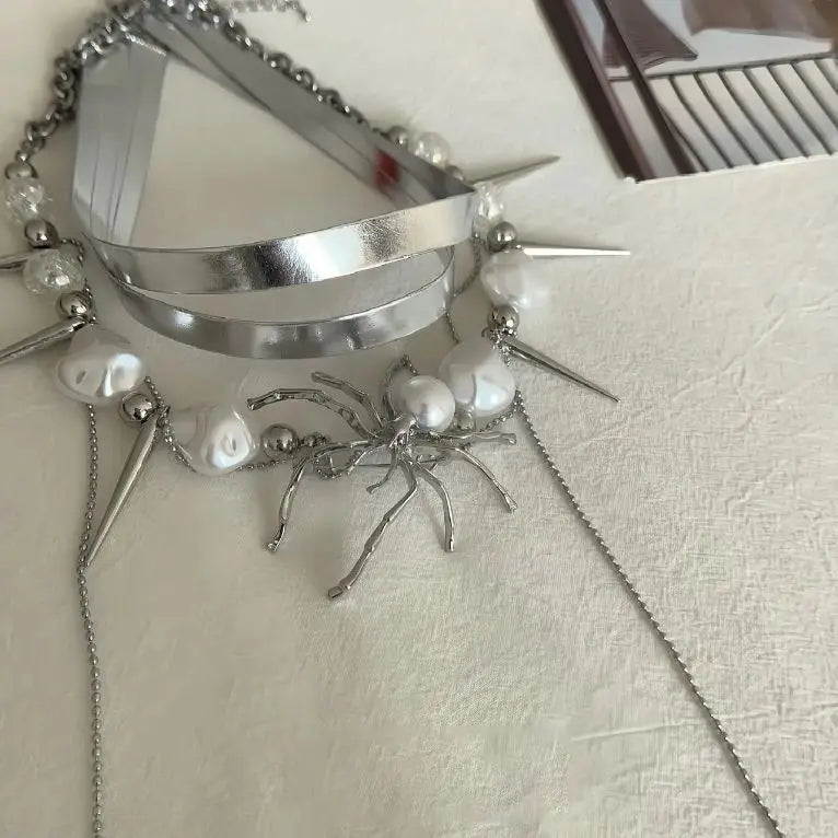 Layered Spider Tassel Necklace Punk Rock Leather Choker for Women