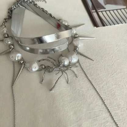 Layered Spider Tassel Necklace Punk Rock Leather Choker for Women