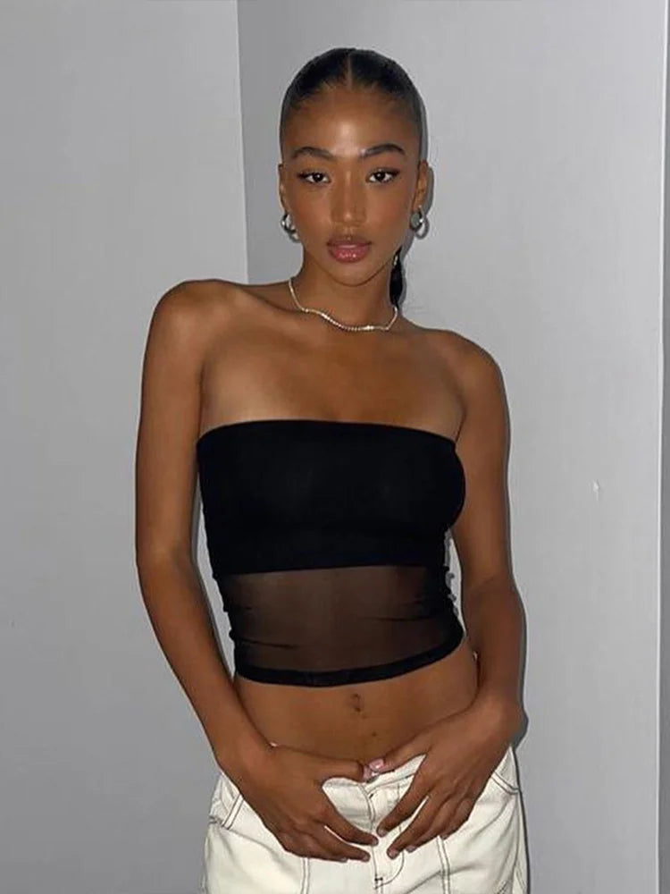Mesh Corset Crop Top Women Patchwork Sleeveless Cami