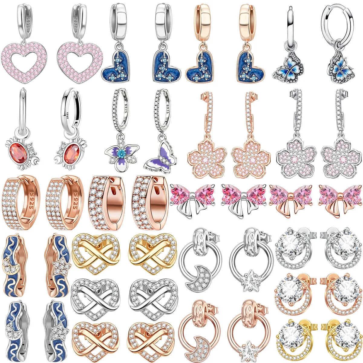 925 Sterling Silver Luxury Heart Sun Moon Stud Earrings Bow Butterfly Crab Clip Set for Women Party Jewelry Gifts