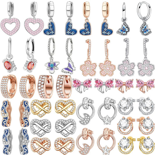 925 Sterling Silver Luxury Heart Sun Moon Stud Earrings Bow Butterfly Crab Clip Set for Women Party Jewelry Gifts