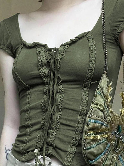Dozw Green Lace Crop Top Square Collar Women Y2K Chic