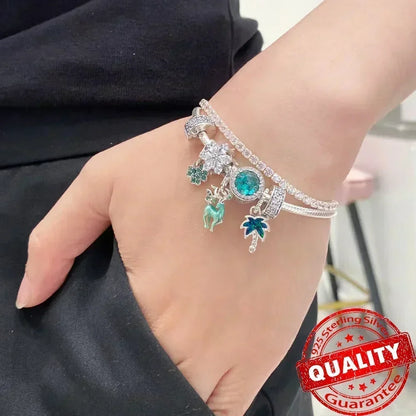 Green Monstera Leaf Charm 925 Sterling Silver Dangle Bracelet Jewelry for Women