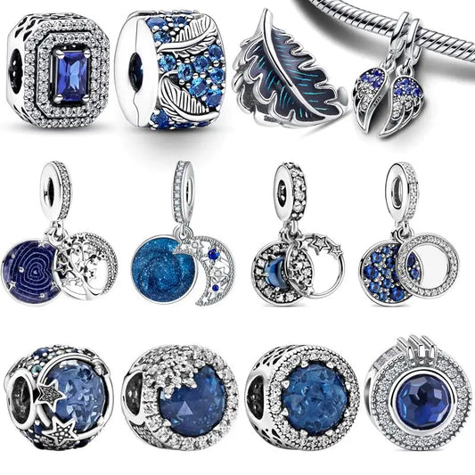 925 Sterling Silver Blue Zircon Feather Crown Stars Moon Charm Beads for Bracelet