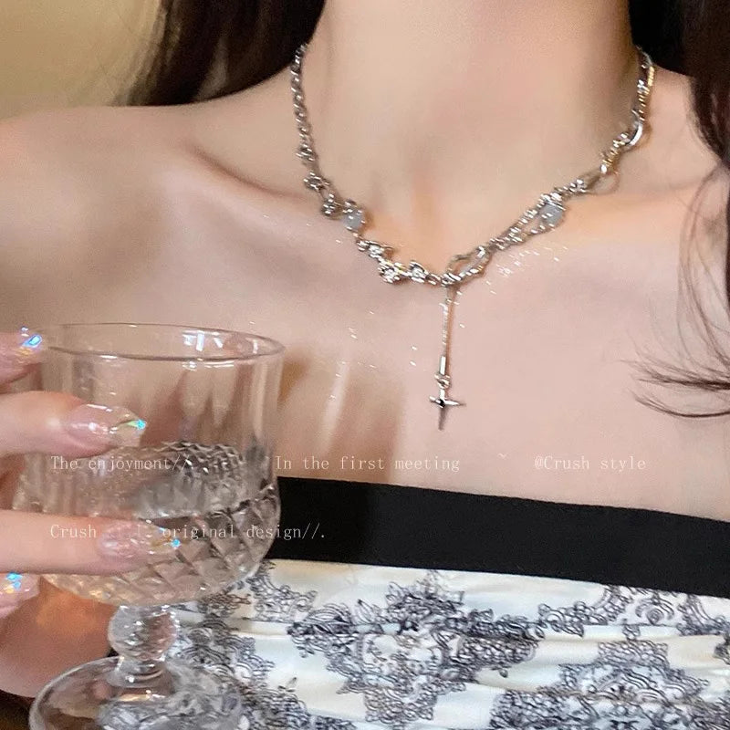 Y2K Moonstone Necklace with Star Tassels Pendant Zircon Chain for Women Girls Trendy Party Jewelry Gift