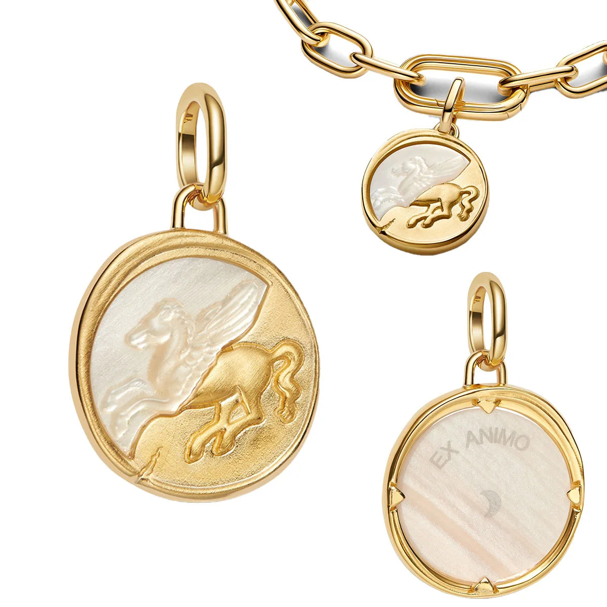 925 Sterling Silver Golden Round Charms with Horse Lion Castle Beads for DIY Womens Jewelry Gift