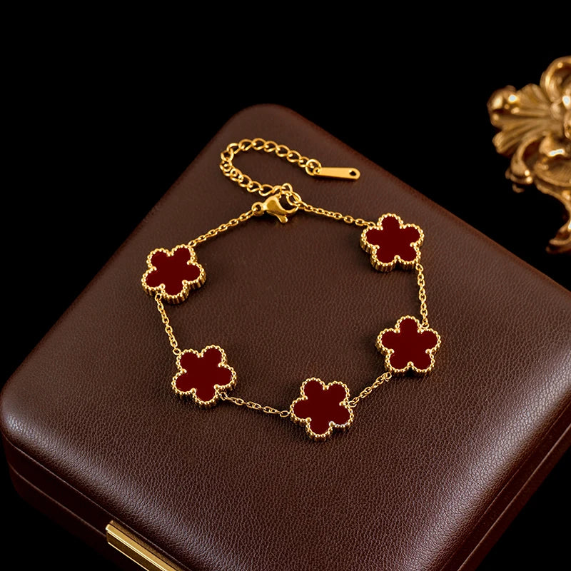 Ganemly 316L Stainless Steel Four Color Five Leaf Clover Flower Jewelry Set for Women