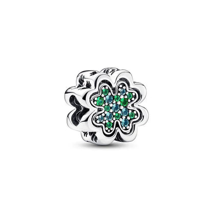 Lucky Four Leaf Clover Dangle Charm Sterling Silver Family Tree Flower Bead Pendant for Bracelets and Necklaces