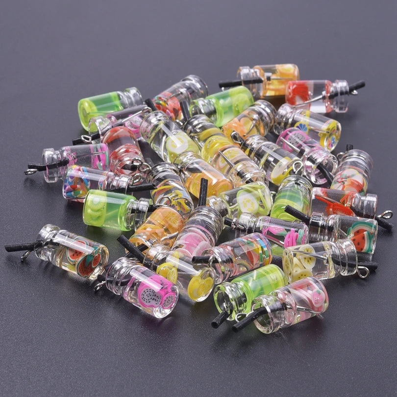 Vibrant 3D Fruit Drink Bottle Charms Set for Jewelry and DIY Crafting