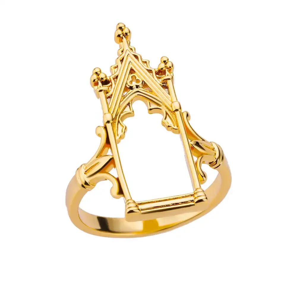 Gold Plated Stainless Steel Magic Mirror Rings for Women - Aesthetic Wedding Crown Design with Castle, Flower, and Leaf Motifs Luxury Jewelry