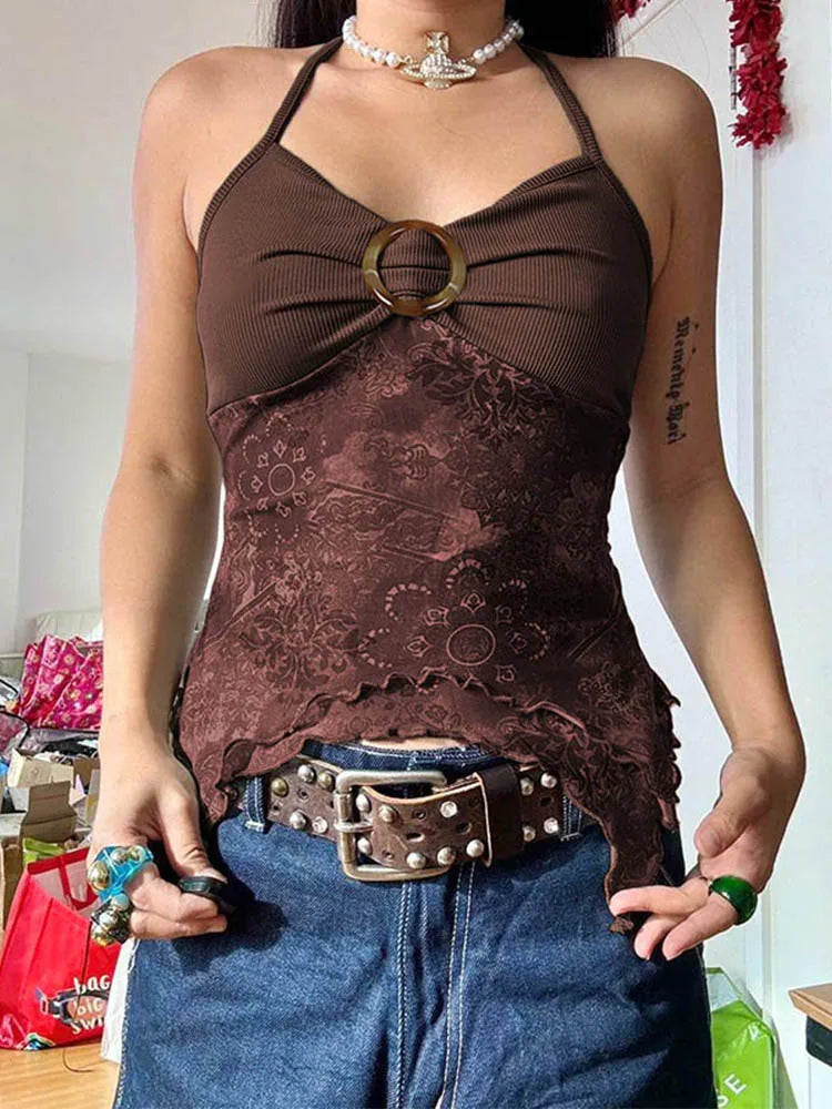 Retro Forest Green Boho Y2K Backless Halter Camisole