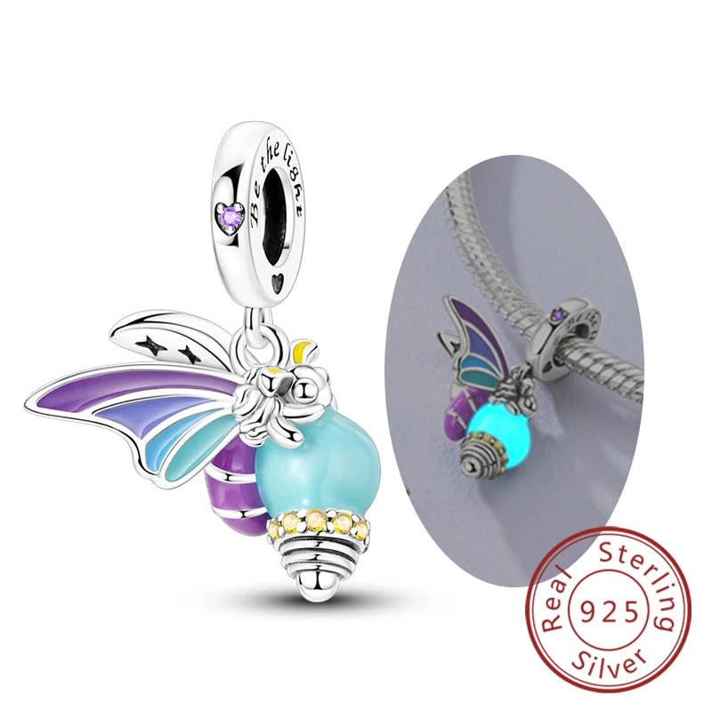 Glowing Firefly Butterfly Charm Bead 925 Sterling Silver Pendant for Bracelets KTC1437