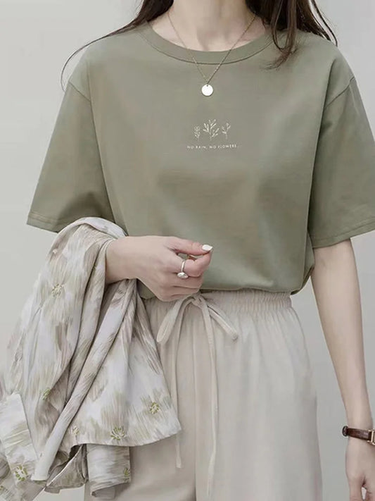 Korean Round Neck Summer Tee Women Loose Plant Print