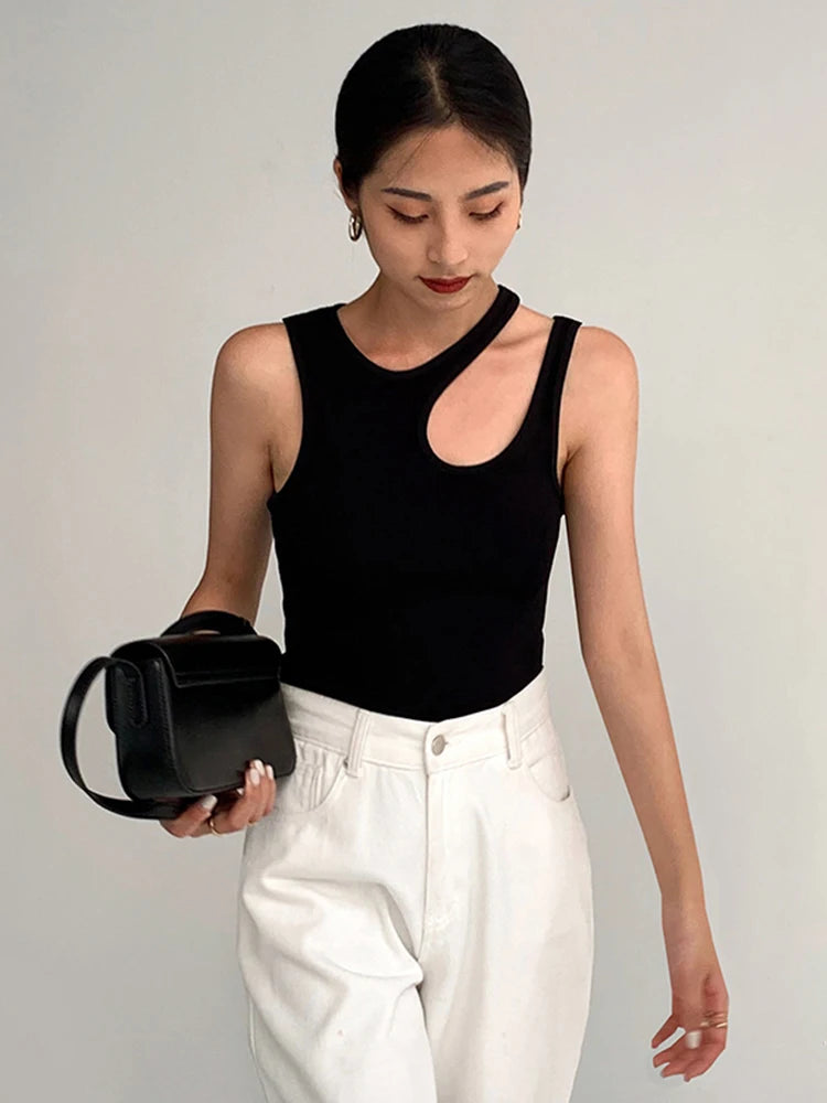 Casual White Sleeveless T Shirt Women Round Neck Slim Korean