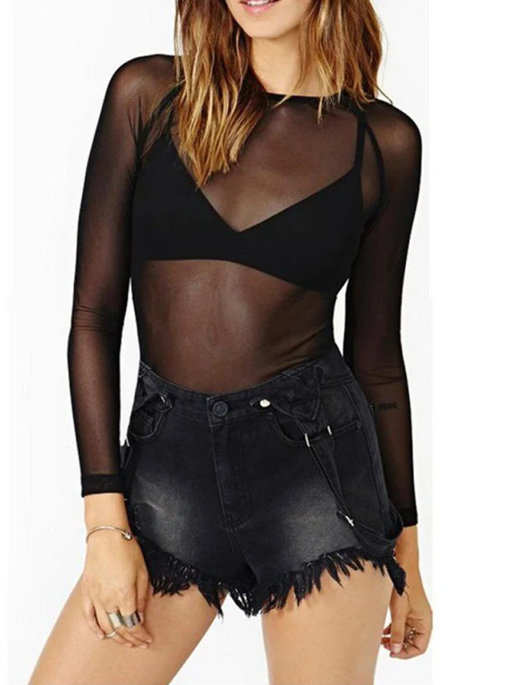 Spring Summer Womens Mesh Long Sleeve Top Transparent Tee
