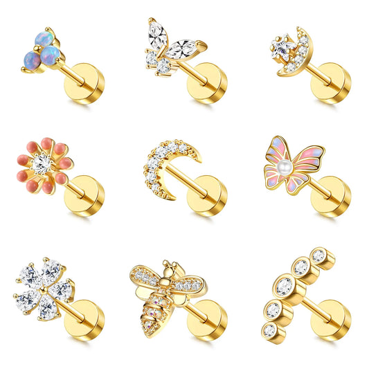 Drperfect Surgical Steel Butterfly Flower Cartilage Stud Earrings for Women with Screw-Back Design