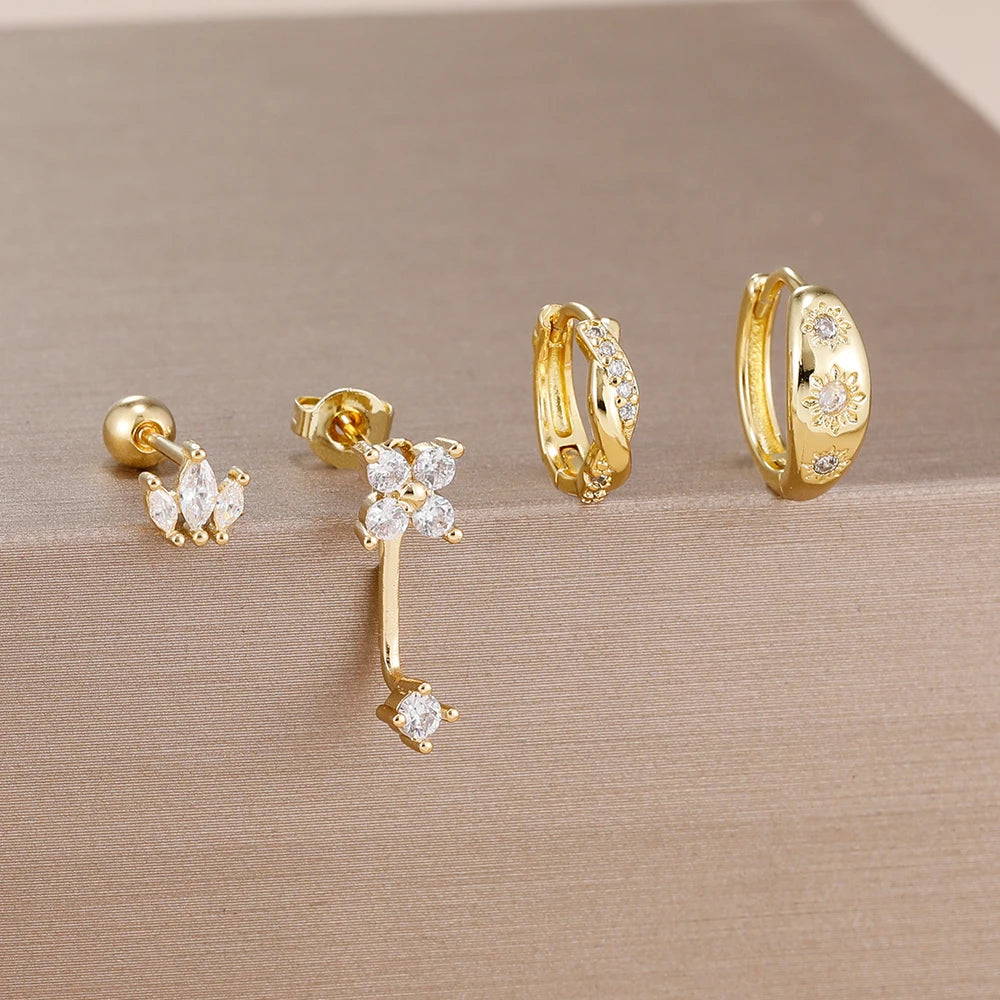 4PCS Fashion Stainless Steel Zirconia Star Huggie Hoop Earrings Set with Flower Studs for Women