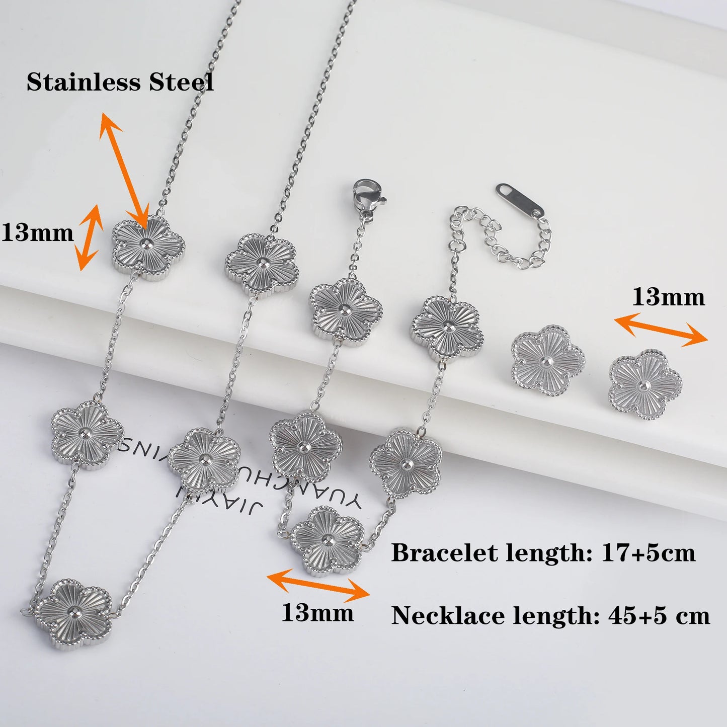 Luxury Stainless Steel Five Leaf Flower Jewelry Set for Women Featuring Bracelet Necklace Earrings and Rings