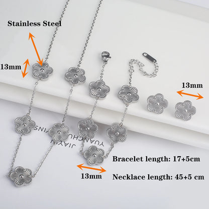 Luxury Stainless Steel Five Leaf Flower Jewelry Set for Women Featuring Bracelet Necklace Earrings and Rings