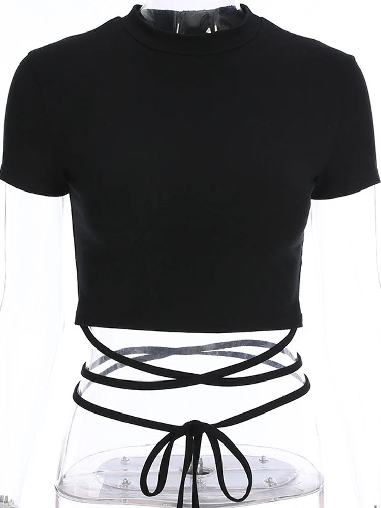 2024 Summer Women Black Bandage Crop Top Short Sleeve Tee
