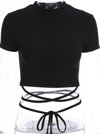 2024 Summer Women Black Bandage Crop Top Short Sleeve Tee