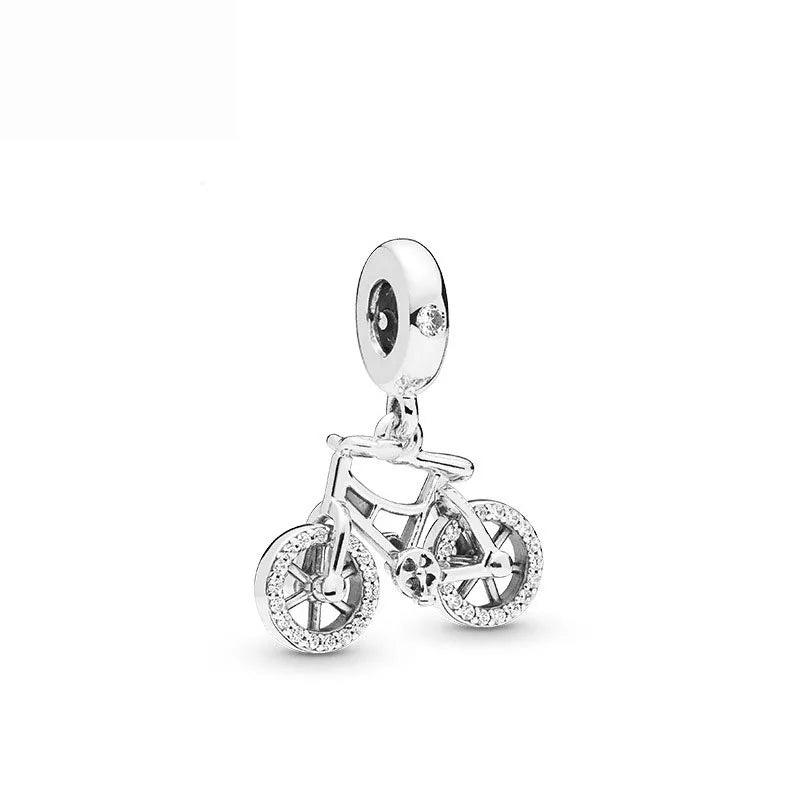 European 925 Silver Green Clover Bicycle Love Pendant Bead for DIY Charm Bracelet and Necklace Jewelry for Women
