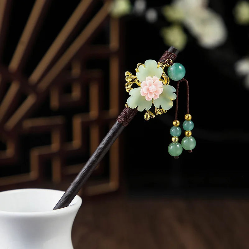 Vintage 2024 Wooden Hair Stick With Tassel Chinese Winding Flower Hairpin