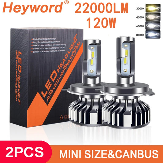 Heyword 22000LM 120W LED Headlights Universal Fit H4 H7 H1