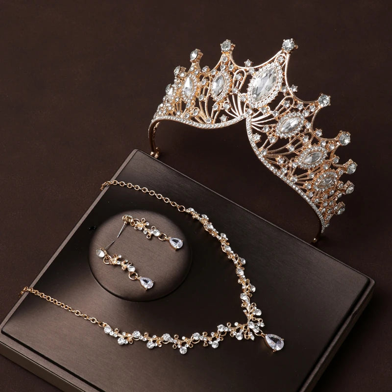 Itacazzo Gold Bridal Headwear Set with Crown, Necklace, and Earrings for Women