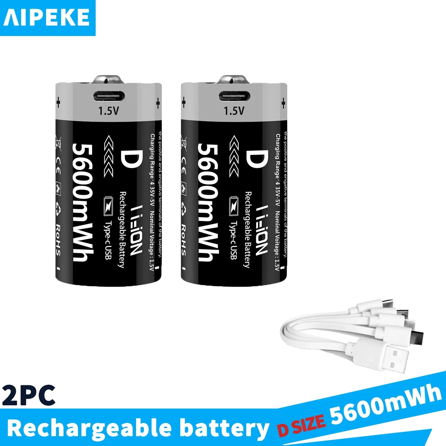 AIPEKE 2-10PC USB 5600mWh D Size Rechargeable Lithium Batteries D SIZE 5600mWh 2PC 1.5V