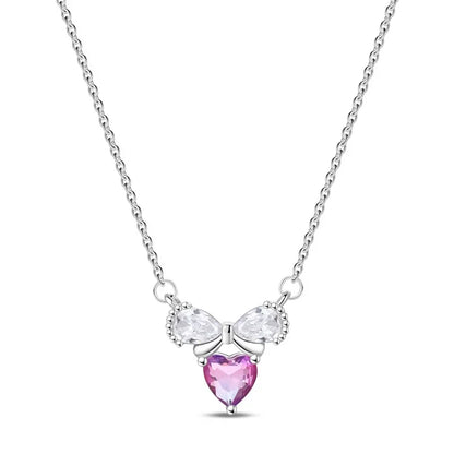 925 Sterling Silver Necklace with Pink Bow Heart Moon Butterfly Pendant Elegant Zircon Charm for Women Classic DIY Gift