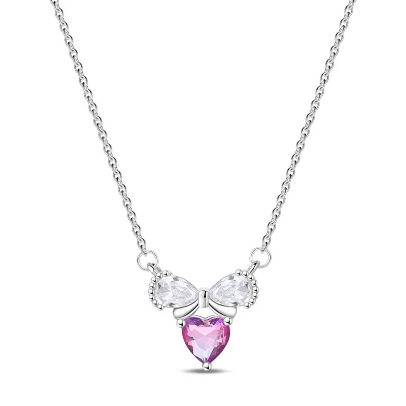 925 Sterling Silver Pink Bow Heart Moon Butterfly Pendant Necklace Elegant DIY Charm Gift for Women