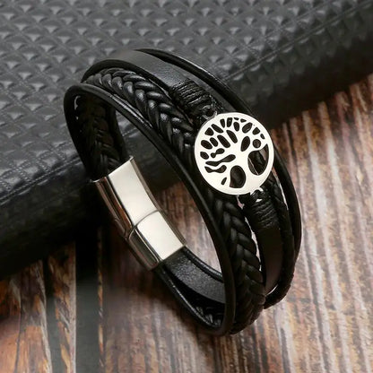 Men's Leather Bracelet with Stainless Steel Tree of Life Charm - Stylish Multi-Layer Fashion Accessory